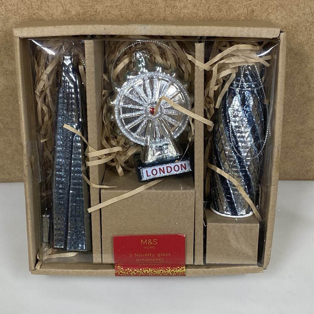 M&S London Christmas Glass Ornaments Set Of 3 The Shard Gherkin London Eye - New